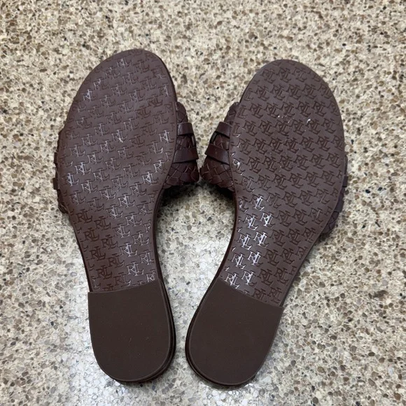 Lauren Ralph Lauren Alegra Woven Leather Brown Slide Sandals - Picture 8 of 10